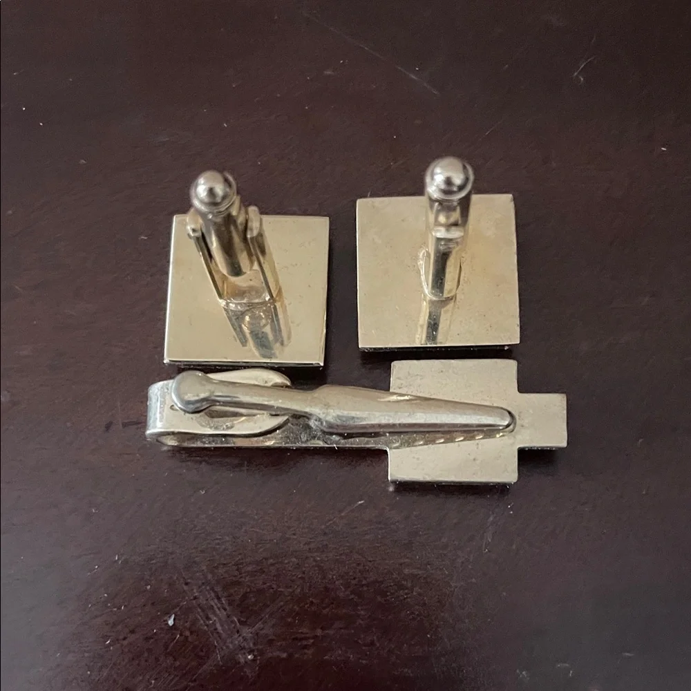 SWANK Silver and White Monogram Cufflinks and Tie Clip